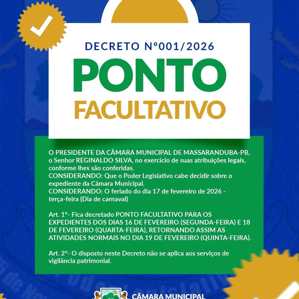 Câmara decreta Ponto Facultativo para o Carnaval 2026