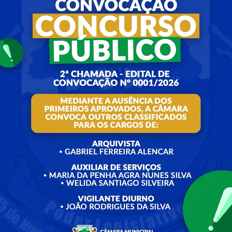 Câmara divulga 2ª chamada de edital para Arquivista, Auxiliar e Vigilante.